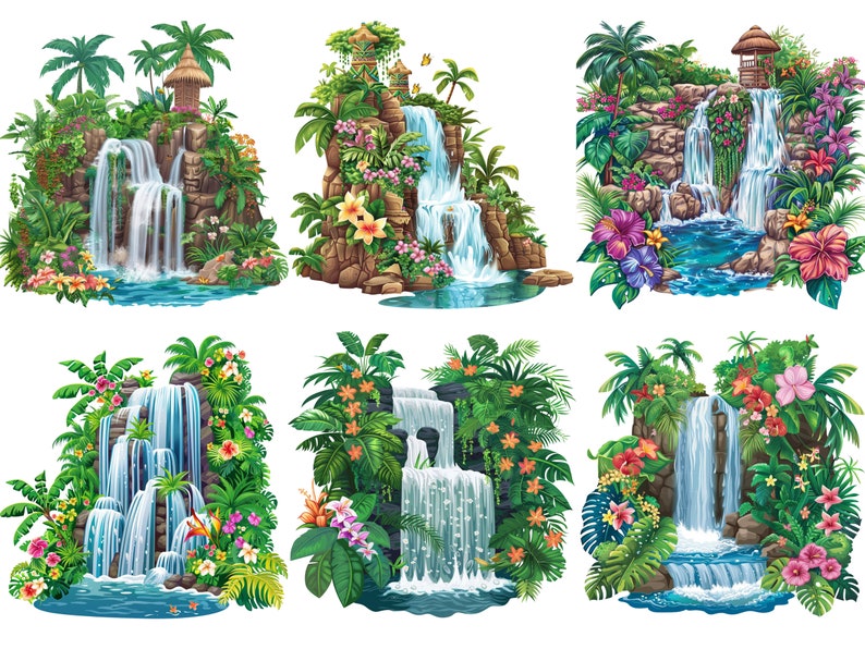 May include: Six illustrations of tropical waterfalls with lush green foliage, vibrant flowers, and stone structures. The waterfalls cascade down rocky cliffs into clear blue pools.