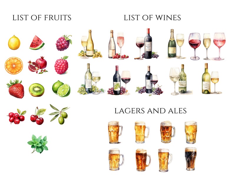 May include: Watercolor illustration featuring a variety of fruits, wines, lagers, and ales. The image includes lemons, watermelon, raspberries, oranges, pomegranates, strawberries, kiwis, limes, cranberries, cherries, olives, mint, wine bottles, glasses, and beer mugs.