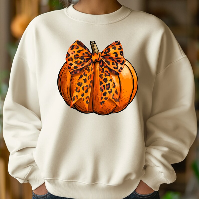 May include: A white sweatshirt with a pumpkin design. The pumpkin is orange and has a brown stem. A leopard print bow is tied around the stem.