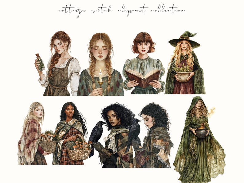 Watercolor cottage witch clipart featuring magical cottagecore elements, witchy items, and rustic pagan-inspired designs. Perfect for junk journals, digital stickers, planners, and scrapbooking.