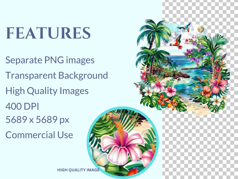 May include: A digital illustration of a tropical beach scene with palm trees, flowers, and birds. The scene is surrounded by a border of lush green leaves and vibrant flowers. The image is set against a transparent background.