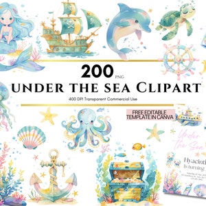 Unterwasser Aquarell Bundle, Kinderzimmer Dekor, Baby Wandkunst, Babyparty, süße Meerestiere PNG, Junk Journal, Scrapbook, Kommerzielle Nutzung