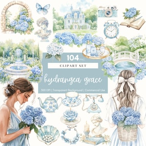 Aquarelle Clipart grand millénaire hortensia PNG bleu clair Floral Cottagecore maison confortable Clipart Junk Journal Ephemera Images de scrapbooking
