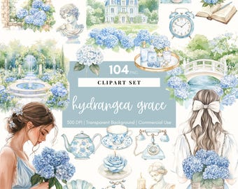 Aquarelle Clipart grand millénaire hortensia PNG bleu clair Floral Cottagecore maison confortable Clipart Junk Journal Ephemera Images de scrapbooking