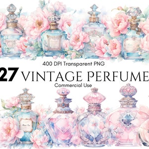 Vintage parfum clipart aquarel set, plakboek, png, junk journal, papier ambachten, commercieel gebruik