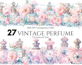 Set di clipart e acquerelli di profumi vintage, album di ritagli, PNG, diario di scarto, lavori di carta, uso commerciale