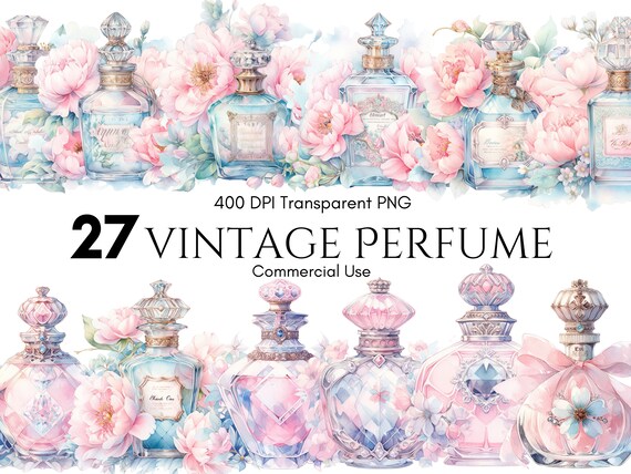 Vintage Perfume Clipart Watercolor Set,Scrapbook, PNG, Junk Journal, Paper Crafts, Commercial Use