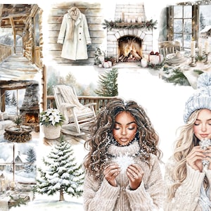 Watercolor cozy cabin clipart featuring boho Christmas elements, beige Christmas trees, sweaters, and holiday winter designs. Perfect for Christmas planners, scrapbooking, and digital projects