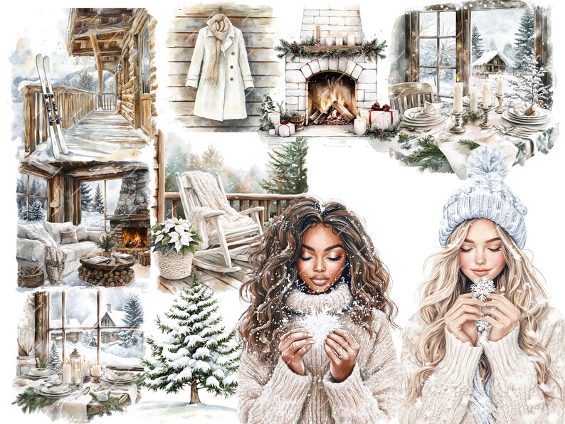 Watercolor cozy cabin clipart featuring boho Christmas elements, beige Christmas trees, sweaters, and holiday winter designs. Perfect for Christmas planners, scrapbooking, and digital projects