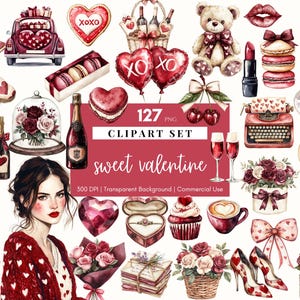 Sweet Valentine Clipart Valentinstag Planer Aquarell Romantische Clip Art PNG Boho Valentinstag Teddy Bär Digitale Aufkleber Rote Rosen Clipart