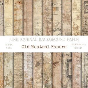 Könnte beinhalten: Eine Sammlung von Papierbögen im Vintage-Stil mit einer neutralen Farbpalette. Die Papiere weisen gealterte Texturen, Schriftzüge und dekorative Elemente auf. Der Text auf dem Papier lautet "Junk Journal Background Paper", "Old Neutral Papers", und "11x8.5 inches".
