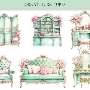 May include: A set of ornate furniture in a light green color with floral accents. The set includes a vanity with a mirror, a bookshelf, a sofa, an armchair, and a screen.