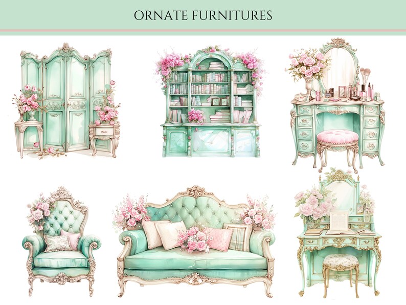 May include: A set of ornate furniture in a light green color with floral accents. The set includes a vanity with a mirror, a bookshelf, a sofa, an armchair, and a screen.