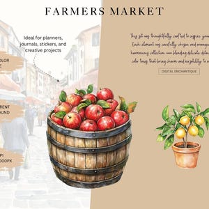 May include: Watercolour illustration of a farmer's market scene. A wooden barrel overflowing with red apples is on the left. A potted lemon tree is on the right. Text includes "Farmers Market" and "Digital Enchantique."