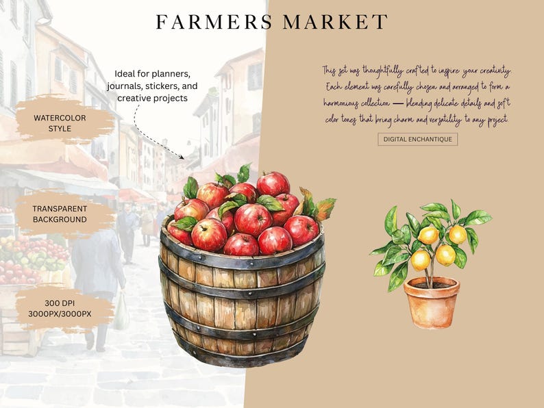 May include: Watercolour illustration of a farmer's market scene. A wooden barrel overflowing with red apples is on the left. A potted lemon tree is on the right. Text includes "Farmers Market" and "Digital Enchantique."