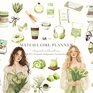 Matcha Girl Planner Clipart PNG, japanskt grönt te Clip Art, Matcha Lovers Present, Matcha Latte Girly