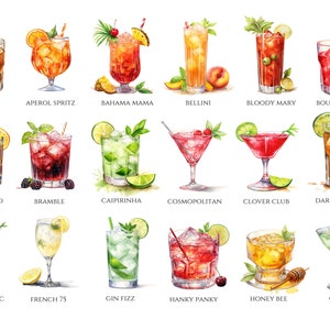 May include: Watercolor illustration of 18 cocktails, each in a different glass, with garnishes like fruit slices and herbs. Cocktails include Amaretto, Aperol Spritz, Bahama Mama, Bellini, Bloody Mary, and more. Each drink is labeled.
