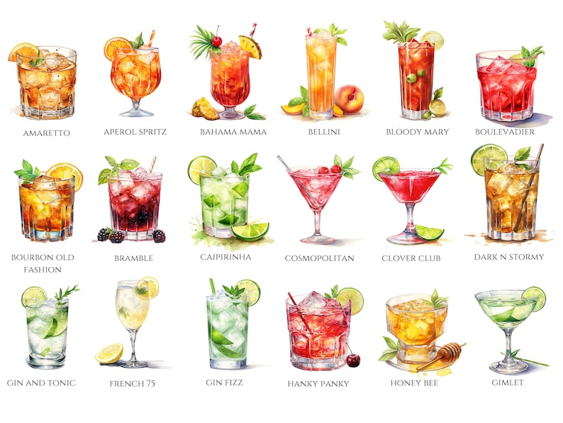 May include: Watercolor illustration of 18 cocktails, each in a different glass, with garnishes like fruit slices and herbs. Cocktails include Amaretto, Aperol Spritz, Bahama Mama, Bellini, Bloody Mary, and more. Each drink is labeled.