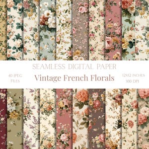 French Floral Seamless Pattern Shabby Chic Floral Roses Digital Paper for Collage Scrapbooking Spring Flowers Junk Journal Paper Boho Floral