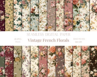 French Floral Seamless Pattern Shabby Chic Floral Roses Digital Paper for Collage Scrapbooking Spring Flowers Junk Journal Paper Boho Floral