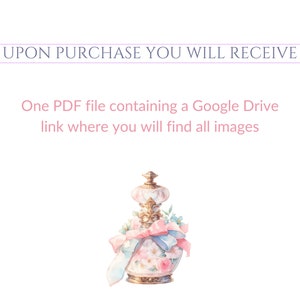 Puede incluir: Una descarga digital de un archivo PDF que contiene un enlace a una carpeta de Google Drive con im&aacute;genes. La imagen muestra un frasco de perfume de estilo vintage con una cinta rosa y azul y detalles florales.