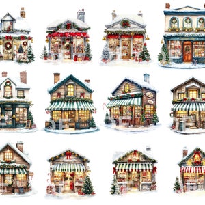 May include: Twelve illustrated images of charming, snow-covered, Christmas-themed shops with green and red awnings, decorated with wreaths, garlands, and candy canes. Each shop has a unique storefront design and features a variety of holiday goods.