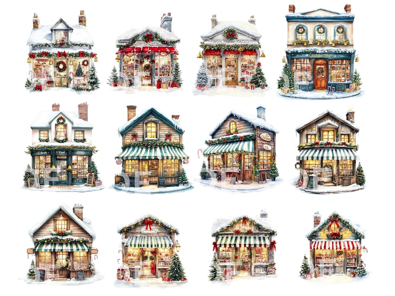 May include: Twelve illustrated images of charming, snow-covered, Christmas-themed shops with green and red awnings, decorated with wreaths, garlands, and candy canes. Each shop has a unique storefront design and features a variety of holiday goods.