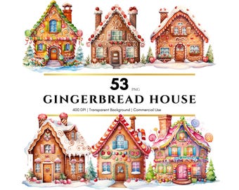 Gingerbread House Candy Bundle Clipart, Digital PNG File, Watercolor Clipart, Digital Download, Clipart, Commercial Use