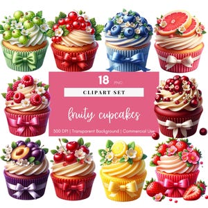Cupcakes de frutas, Libro de recuerdos, Clipart de frutas, Planificador digital, Pegatina digital, PNG de comida, Sublimación, Imprimible, Álbum de recortes, Uso comercial