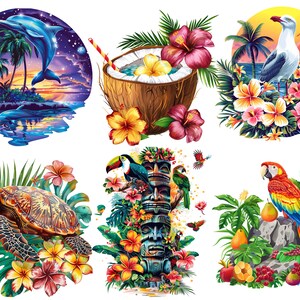 May include: A set of six colorful illustrations featuring tropical themes. The illustrations include a dolphin jumping out of the water, a coconut with a tropical drink, a seagull perched on a branch, a turtle swimming in the ocean, a tiki statue with tropical flowers, and a parrot perched on a rock.