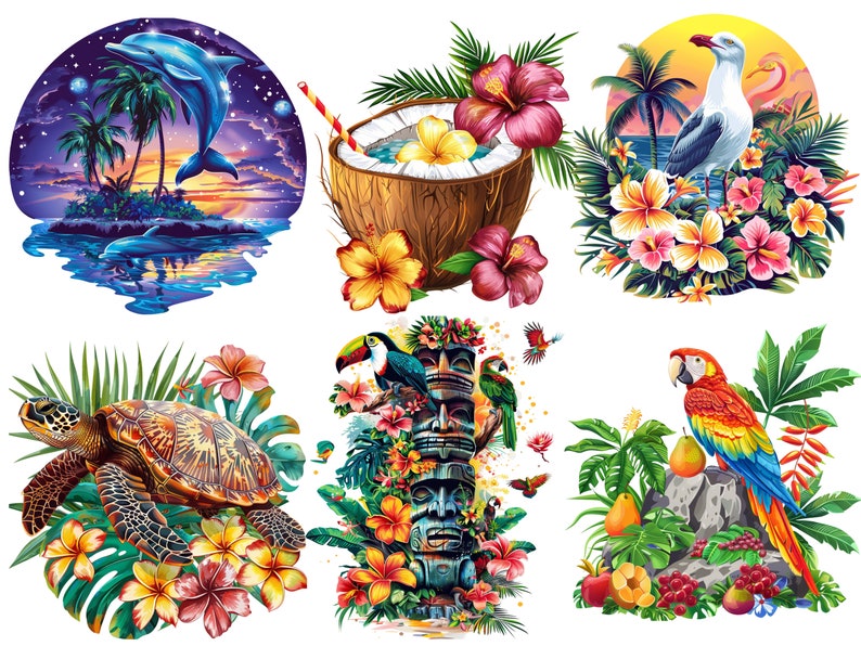 May include: A set of six colorful illustrations featuring tropical themes. The illustrations include a dolphin jumping out of the water, a coconut with a tropical drink, a seagull perched on a branch, a turtle swimming in the ocean, a tiki statue with tropical flowers, and a parrot perched on a rock.