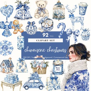 Chinoiserie Christmas Clipart Aquarela, Grandmillenial Christmas PNG, Toile de Natal, Coquete, Pastel Preppy, Quebra-nozes, Diário de Lixo