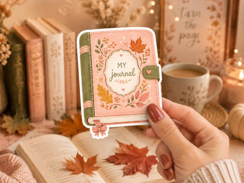 Op de afbeelding: Een gestanste sticker van een lichtroze dagboek met een groene rug en sluiting. Op de kaft staat de tekst MY journal in een decoratief kader, omringd door illustraties van herfstbladeren, kleine bloemen en een klein roze strikje aan de onderkant.