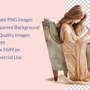 May include: A watercolor illustration of a person sitting in a chair, wearing a beige robe and holding a pen and notebook. The person has long brown hair and is looking down at the notebook. The chair is upholstered in a beige fabric with a patterned throw blanket.