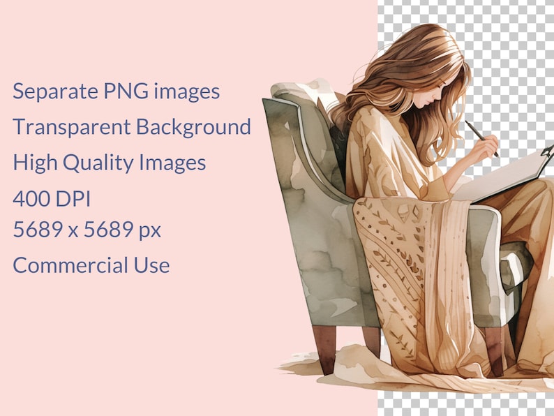 May include: A watercolor illustration of a person sitting in a chair, wearing a beige robe and holding a pen and notebook. The person has long brown hair and is looking down at the notebook. The chair is upholstered in a beige fabric with a patterned throw blanket.