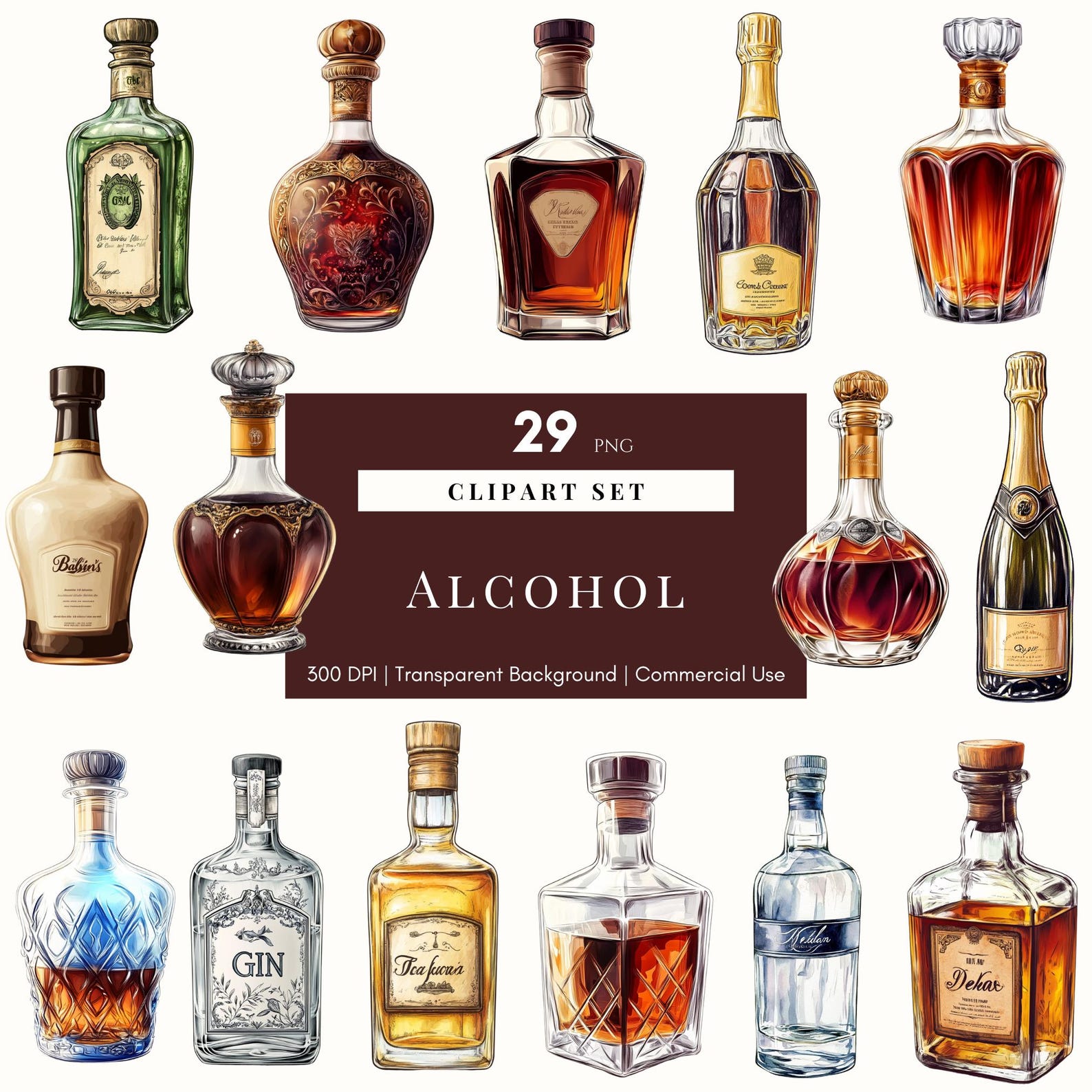Watercolor Alcohol Bottle Clipart, Alcohol Clip Art, Whisky Graphics ...