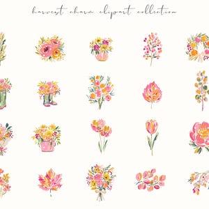 A whimsical watercolor clipart bundle titled Harvest Charm, featuring cozy autumn illustrations in bright, painterly style. Includes fall houses, pumpkins, scarves, books, turkeys, florals, and fashionable characters in warm seasonal tones. Ideal for digital stickers, planners, scrapbooking, and junk journaling. Brings a cheerful, glam fall aesthetic perfect for Thanksgiving, autumn crafting, and seasonal creative projects