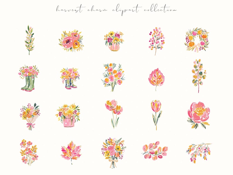 A whimsical watercolor clipart bundle titled Harvest Charm, featuring cozy autumn illustrations in bright, painterly style. Includes fall houses, pumpkins, scarves, books, turkeys, florals, and fashionable characters in warm seasonal tones. Ideal for digital stickers, planners, scrapbooking, and junk journaling. Brings a cheerful, glam fall aesthetic perfect for Thanksgiving, autumn crafting, and seasonal creative projects