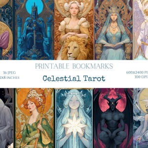 May include: A collection of printable bookmarks featuring celestial tarot card illustrations. Each bookmark is 2x8 inches. The image includes various figures with detailed artwork, including a lion, angels, and other mystical characters. The text "Celestial Tarot" is displayed.