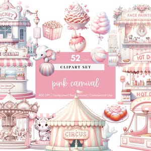 Clipart di Carnevale, PNG del Circo, Gioco di Carnevale, Decorazione per la cameretta rosa, Baby Shower, Animali carini, Cameretta, Tendone da circo, Giostra, Ruota panoramica