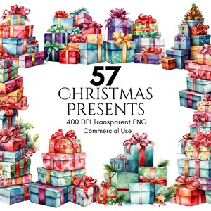 May include: 57 watercolor illustrations of Christmas presents, each stack of gifts is decorated with ribbons and bows, the presents are in various colors and patterns, the text "57 Christmas Presents" is in the center of the image, the text "400 DPI Transparent PNG Commercial Use" is below the title.