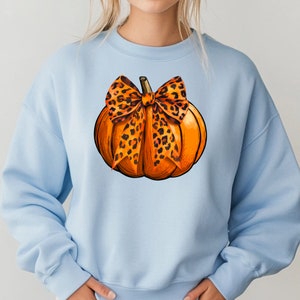 May include: A light blue sweatshirt with a graphic of an orange pumpkin with a leopard print bow.