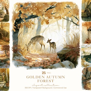 May include: A digital collection of 25 PNG images titled Golden Autumn Forest, featuring watercolour illustrations of deer in a golden forest, stone structures, a water mill, a tower, a well, and a stream with warm orange and brown foliage.