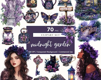 Puede incluir: Un conjunto de 70 imágenes digitales de clipart con un tema de jardín de medianoche. Las imágenes incluyen una variedad de elementos, como un gato negro, una llave, una tetera, un libro, una linterna, un puente, un reloj, una mujer con una corona de flores y un jardín con un estanque. Las imágenes están en un estilo de acuarela y tienen una sensación oscura y caprichosa.