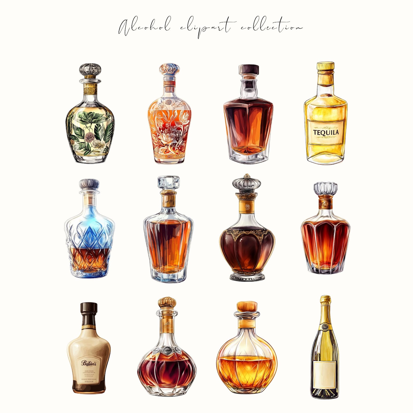 Watercolor Alcohol Bottle Clipart, Alcohol Clip Art, Whisky Graphics ...