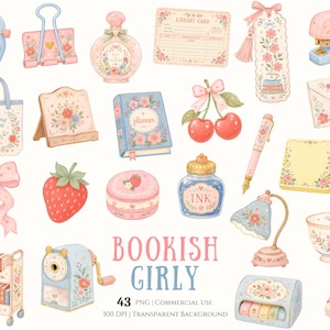 Puede incluir: Una colección de ilustraciones digitales con artículos de papelería y libros, incluyendo un sacapuntas azul, una grapadora rosa, una ficha de biblioteca, una bolsa floral, un carrito de libros, una pluma estilográfica, pegamento y una taza.