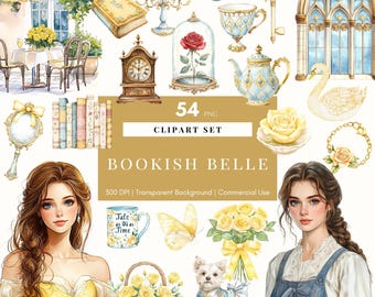 Aquarelle livres Belle Clipart, la Belle et la bête PNG, Clipart princesse Belle, clipart de conte de fées, bête PNG, planificateur d'autocollants numériques