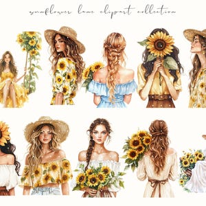 Watercolor Sunflower Lane clipart featuring cozy cottagecore sunflowers, floral baskets, and rustic summer vibes. Perfect for planner stickers, junk journals, and cottage-themed crafts.