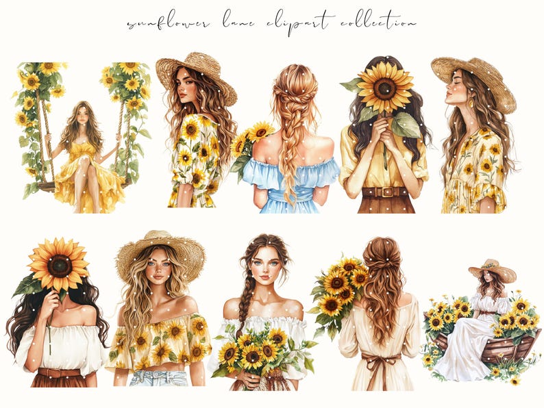 Watercolor Sunflower Lane clipart featuring cozy cottagecore sunflowers, floral baskets, and rustic summer vibes. Perfect for planner stickers, junk journals, and cottage-themed crafts.