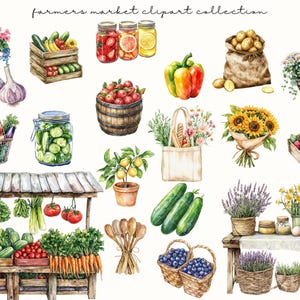 May include: Watercolour illustration of a farmer's market with various produce and floral arrangements. Includes wooden crates of vegetables, jars of preserves, a burlap sack of potatoes, and a wooden market stand with produce.